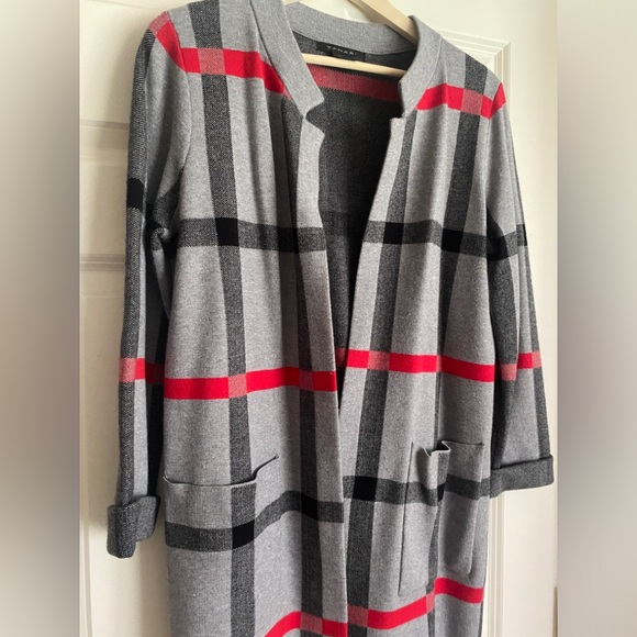 TAHARI Open Front Long Cardigan Size M Grey Black Red - Picture 2 of 7